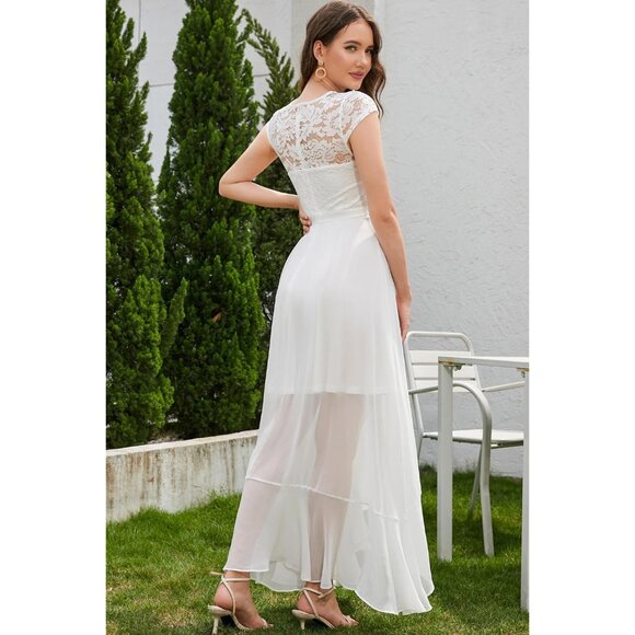 Women's White V-Neck  Hi-Lo Floral Lace Prom Cocktail Party Formal Dress - Picture 2 of 7